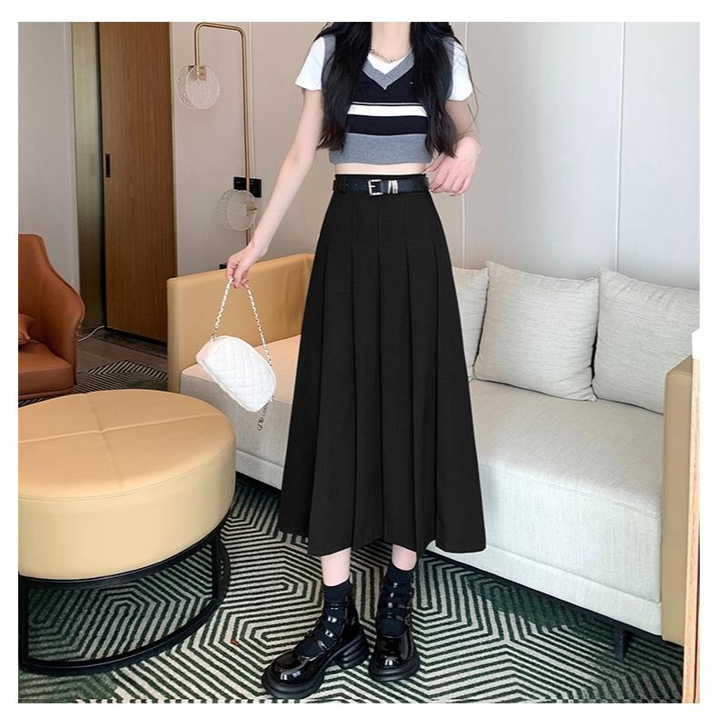 【RENA小舖 台灣現貨每天出】送皮帶/西裝半身裙/簡約百褶裙/百搭中長裙/高腰長裙/氣質長裙【R21931-細節圖3