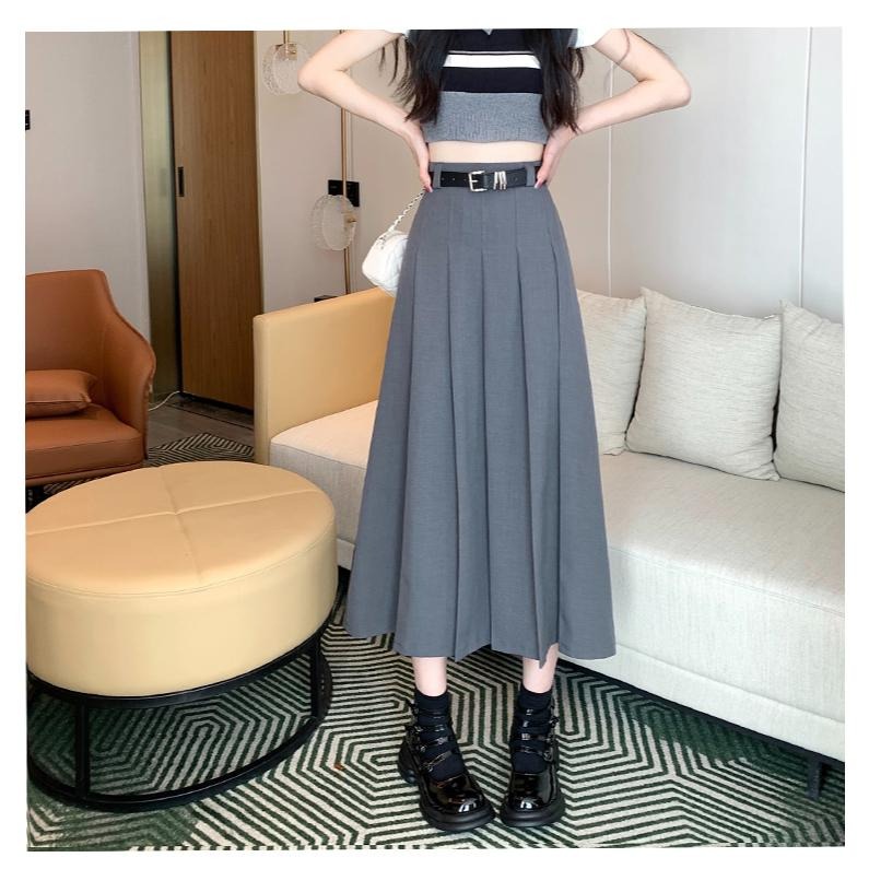 【RENA小舖 台灣現貨每天出】送皮帶/西裝半身裙/簡約百褶裙/百搭中長裙/高腰長裙/氣質長裙【R21931-細節圖4