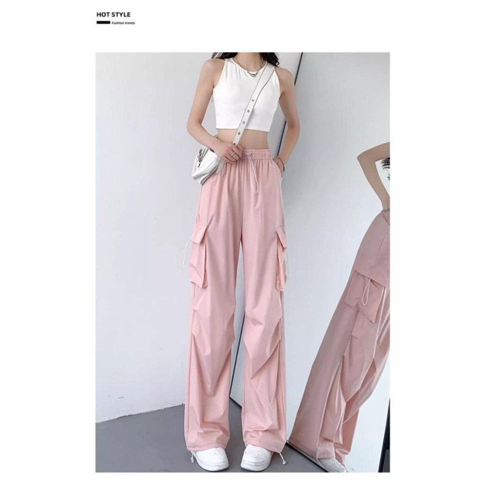 【RENA小舖 台灣現貨每天出】寬鬆工裝褲/鬆緊腰工裝褲/休閒長褲/美式潮流直筒褲/衝鋒褲/休閒【R21940】-細節圖3