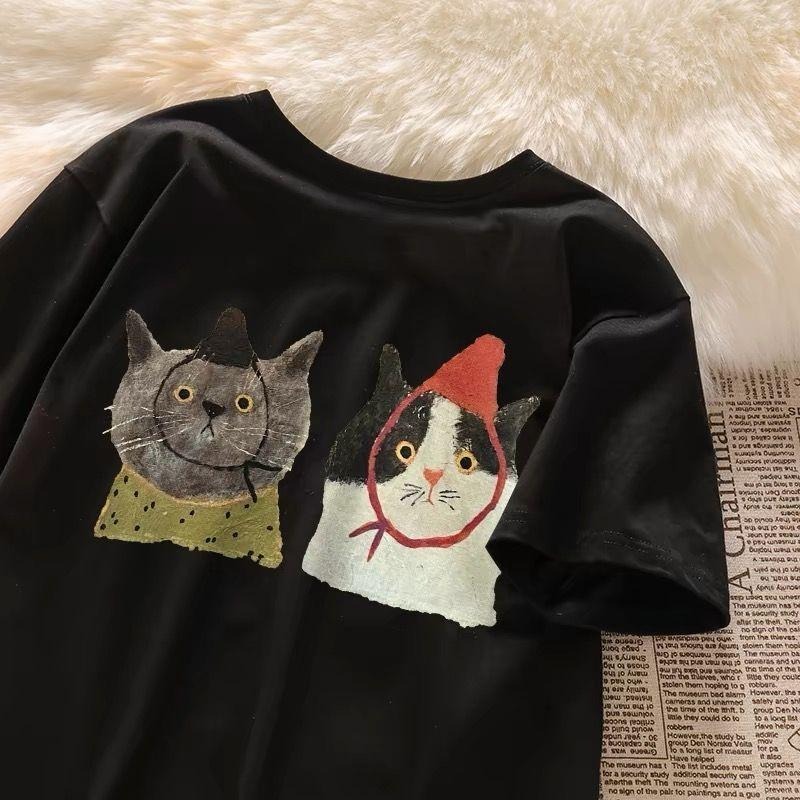 【RENA小舖 台灣現貨每天出】韓版夏季短袖/慵懶簡約短袖/貓咪印花短袖/貓奴專用/寬鬆圓領短袖【Q1413】-細節圖2