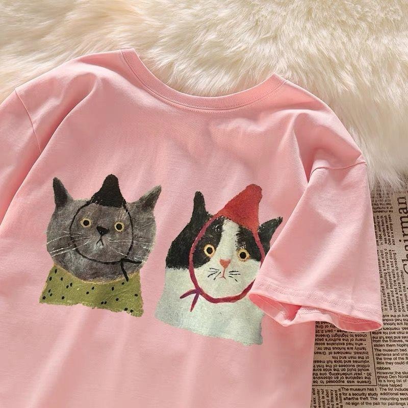 【RENA小舖 台灣現貨每天出】韓版夏季短袖/慵懶簡約短袖/貓咪印花短袖/貓奴專用/寬鬆圓領短袖【Q1413】-細節圖3