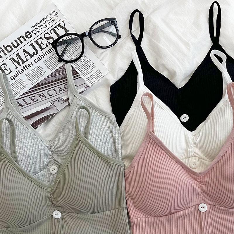 【RENA小舖 台灣現貨每天出】春夏款純色螺紋棉性感V領美背百搭紐扣短款彈力修身吊帶背心【R19940】-細節圖2