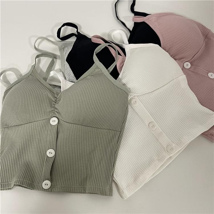 【RENA小舖 台灣現貨每天出】春夏款純色螺紋棉性感V領美背百搭紐扣短款彈力修身吊帶背心【R19940】-細節圖7