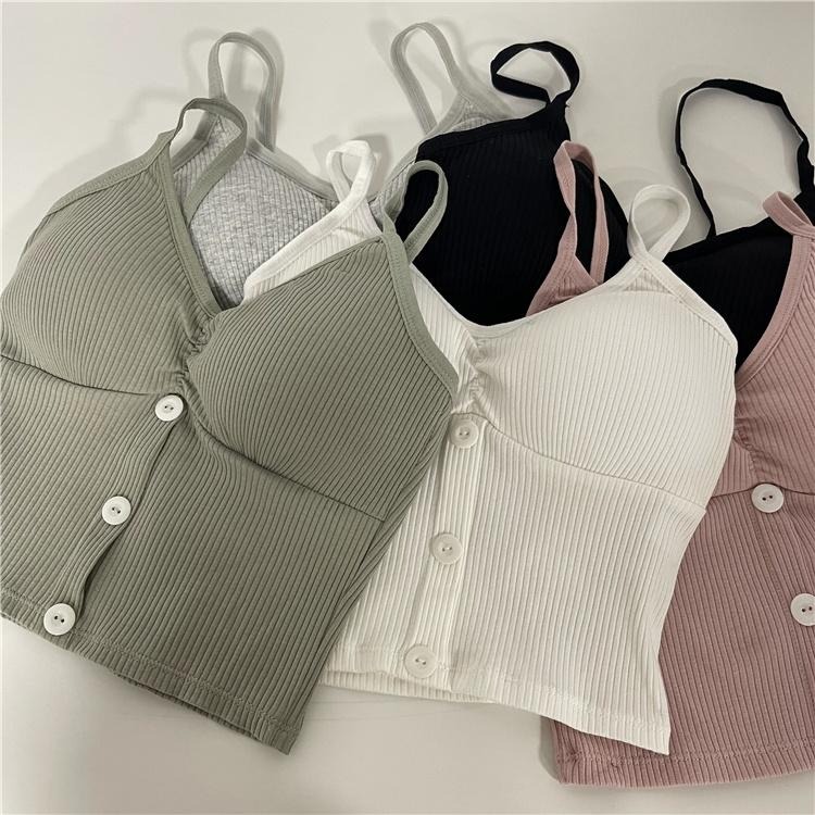 【RENA小舖 台灣現貨每天出】春夏款純色螺紋棉性感V領美背百搭紐扣短款彈力修身吊帶背心【R19940】-細節圖8