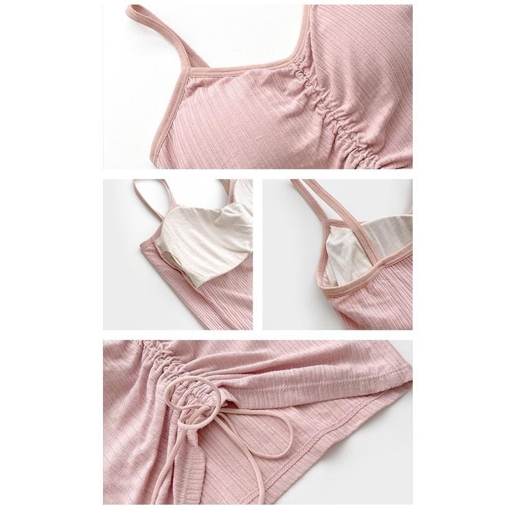 【RENA小舖 台灣現貨每天出】夏日少女純色簡約坑條V領抽繩綁帶設計感細肩帶小吊帶背心【R19950】-細節圖4