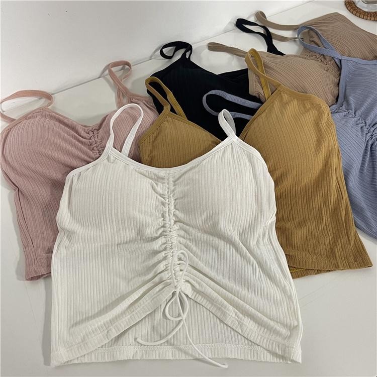 【RENA小舖 台灣現貨每天出】夏日少女純色簡約坑條V領抽繩綁帶設計感細肩帶小吊帶背心【R19950】-細節圖6