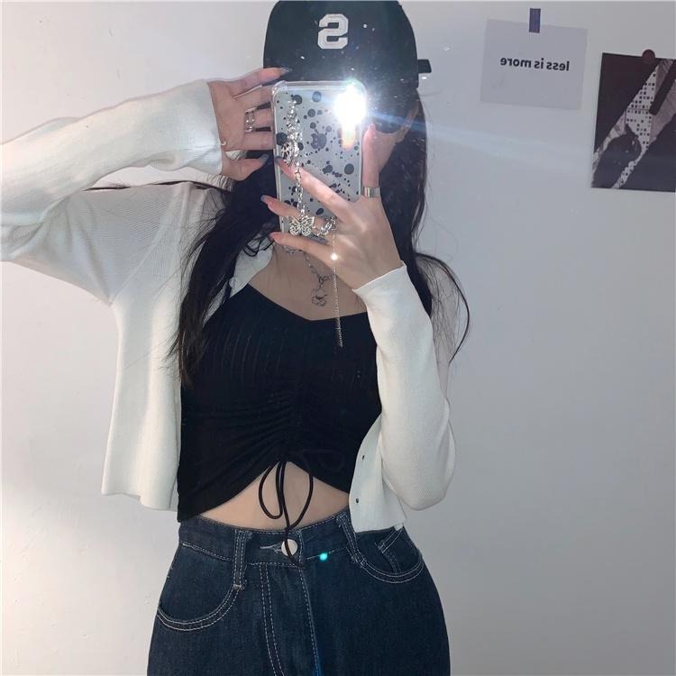 【RENA小舖 台灣現貨每天出】夏日少女純色簡約坑條V領抽繩綁帶設計感細肩帶小吊帶背心【R19950】-細節圖7