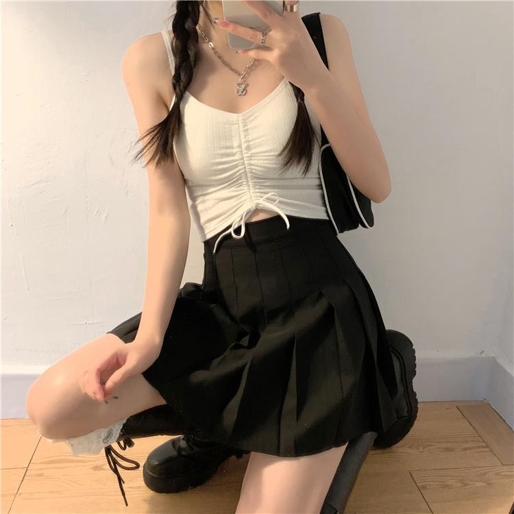 【RENA小舖 台灣現貨每天出】夏日少女純色簡約坑條V領抽繩綁帶設計感細肩帶小吊帶背心【R19950】-細節圖8