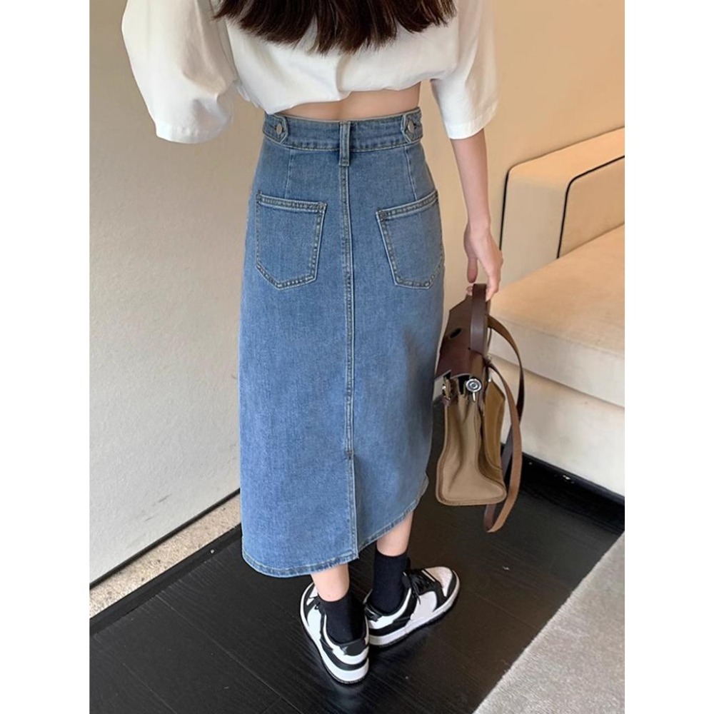 【RENA小舖 台灣現貨每天出】復古開叉超彈牛仔半身裙/彈性/高腰/顯瘦/包臀【R21708】-細節圖2