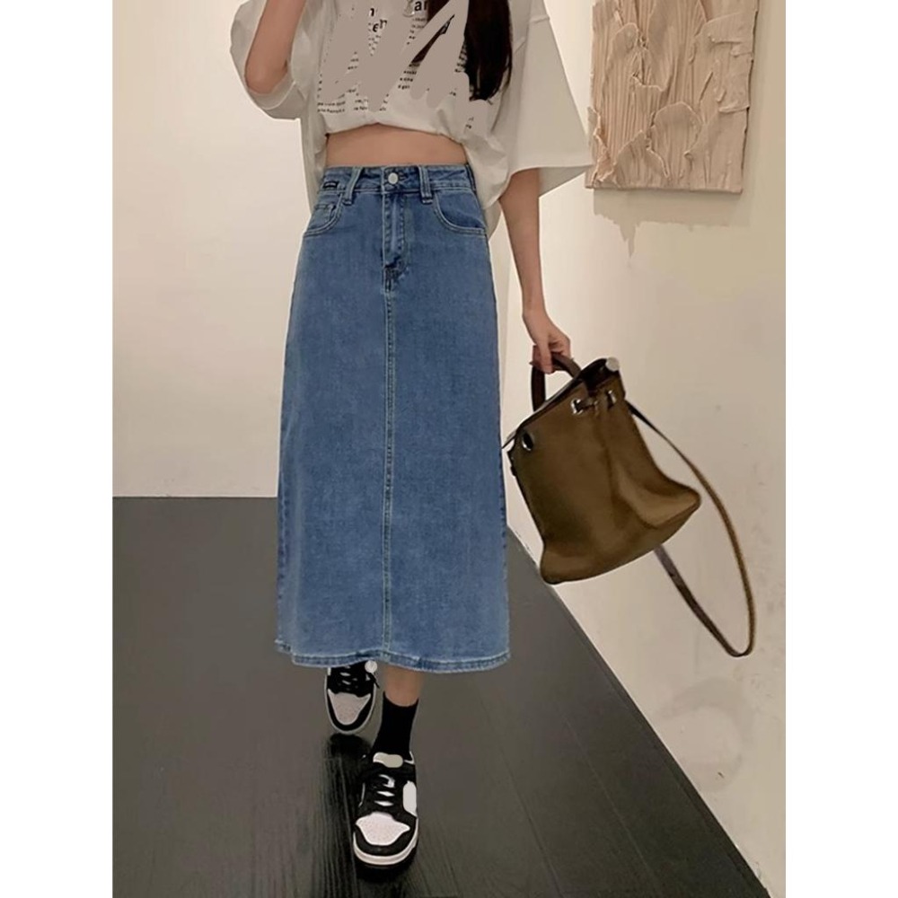 【RENA小舖 台灣現貨每天出】復古開叉超彈牛仔半身裙/彈性/高腰/顯瘦/包臀【R21708】-細節圖3