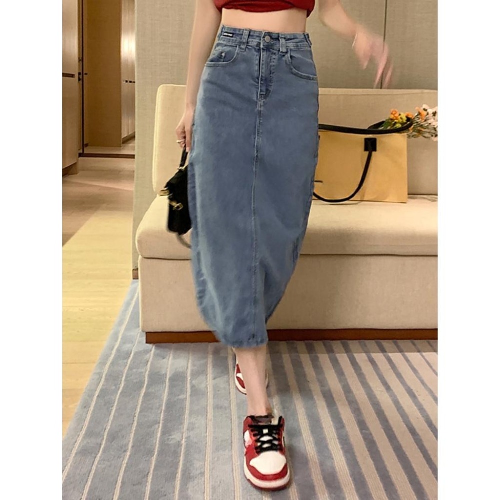 【RENA小舖 台灣現貨每天出】復古開叉超彈牛仔半身裙/彈性/高腰/顯瘦/包臀【R21708】-細節圖4