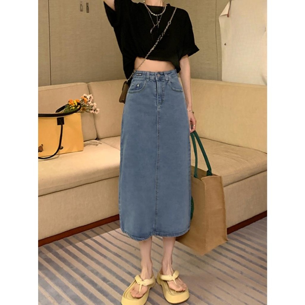 【RENA小舖 台灣現貨每天出】復古開叉超彈牛仔半身裙/彈性/高腰/顯瘦/包臀【R21708】-細節圖6