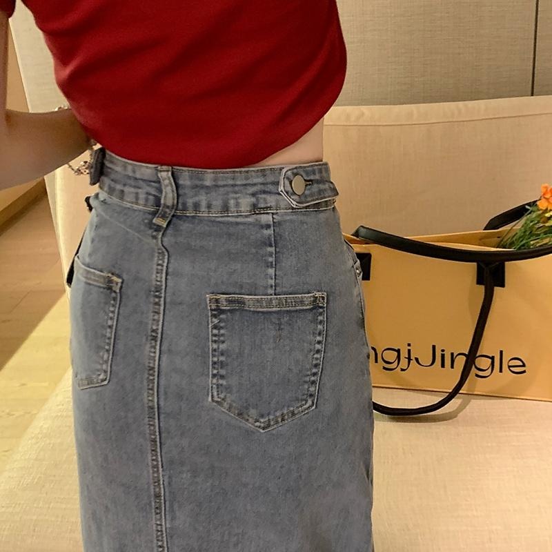 【RENA小舖 台灣現貨每天出】復古開叉超彈牛仔半身裙/彈性/高腰/顯瘦/包臀【R21708】-細節圖8