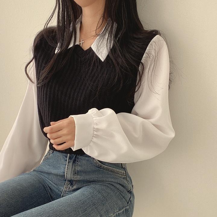 【RENA小舖 台灣現貨每天出】在逃公主🧚‍♀｜假兩件泡泡袖上衣/假兩件/翻領上衣INS【Q1331】-細節圖3