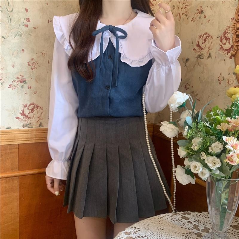 【RENA小舖 台灣現貨每天出】娃娃領撞色綁帶長袖襯衫/復古襯衫/文青風/翻領/顯瘦/顯白/百搭【R21885】-細節圖2