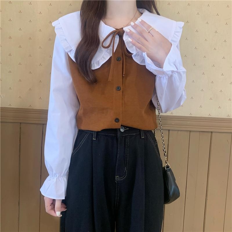【RENA小舖 台灣現貨每天出】娃娃領撞色綁帶長袖襯衫/復古襯衫/文青風/翻領/顯瘦/顯白/百搭【R21885】-細節圖3