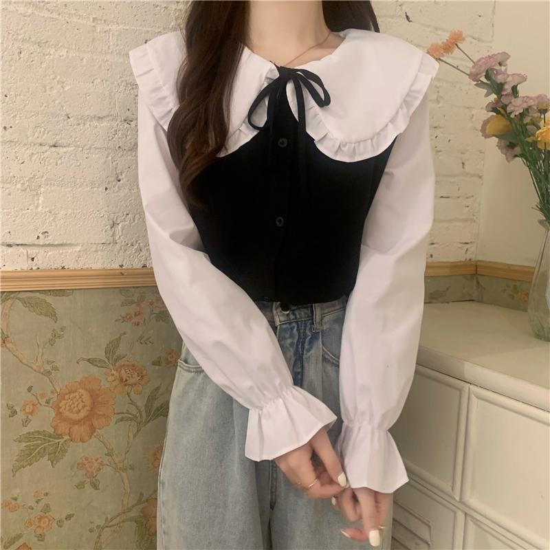 【RENA小舖 台灣現貨每天出】娃娃領撞色綁帶長袖襯衫/復古襯衫/文青風/翻領/顯瘦/顯白/百搭【R21885】-細節圖4