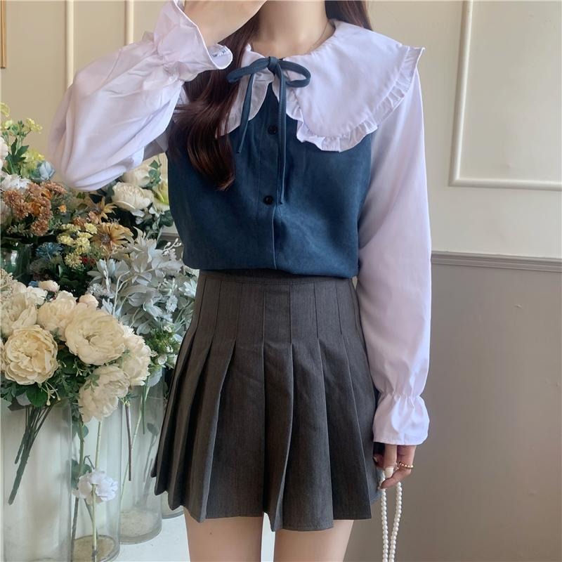 【RENA小舖 台灣現貨每天出】娃娃領撞色綁帶長袖襯衫/復古襯衫/文青風/翻領/顯瘦/顯白/百搭【R21885】-細節圖5