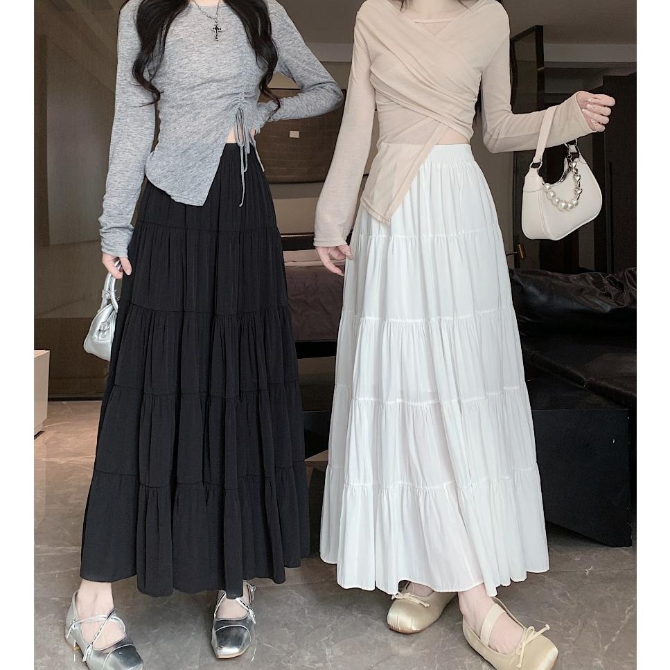 【RENA小舖 台灣現貨每天出】荷葉邊鬆緊腰蛋糕長裙 蛋糕裙 大裙擺 A字裙 半身裙 木耳邊【R21836】-細節圖2