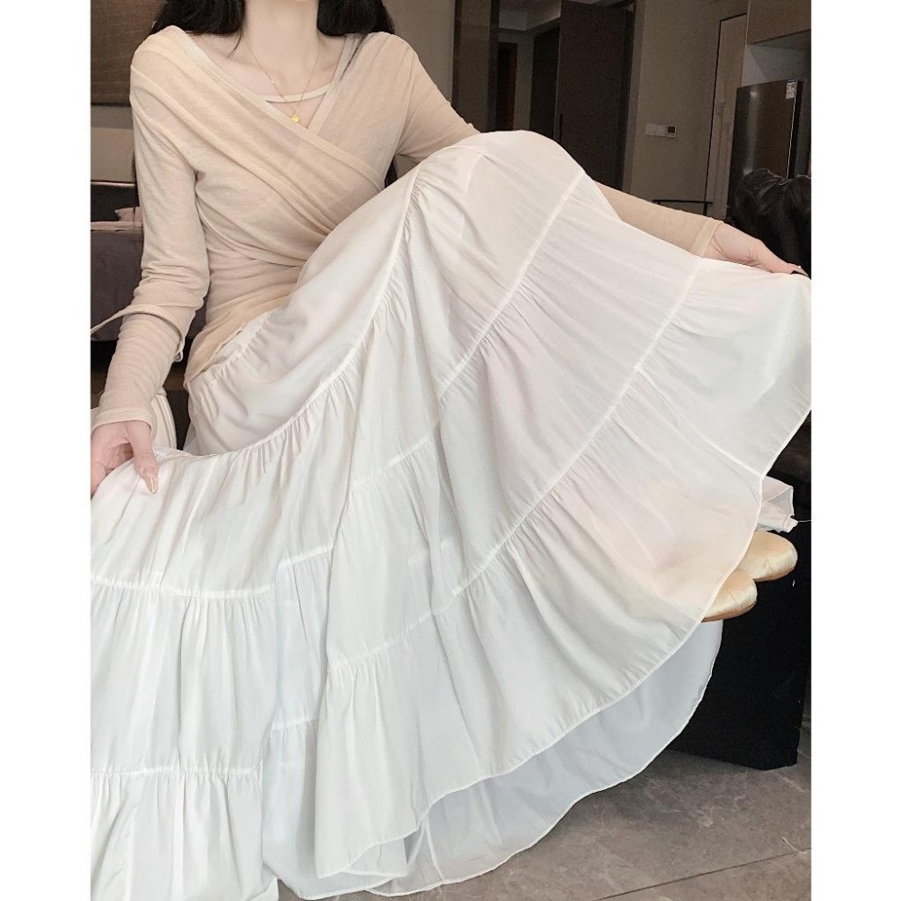 【RENA小舖 台灣現貨每天出】荷葉邊鬆緊腰蛋糕長裙 蛋糕裙 大裙擺 A字裙 半身裙 木耳邊【R21836】-細節圖4