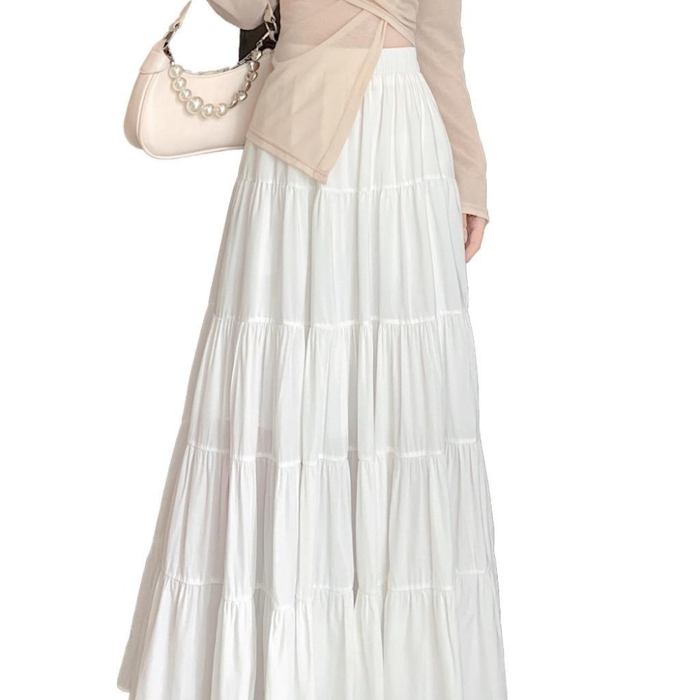 【RENA小舖 台灣現貨每天出】荷葉邊鬆緊腰蛋糕長裙 蛋糕裙 大裙擺 A字裙 半身裙 木耳邊【R21836】-細節圖5