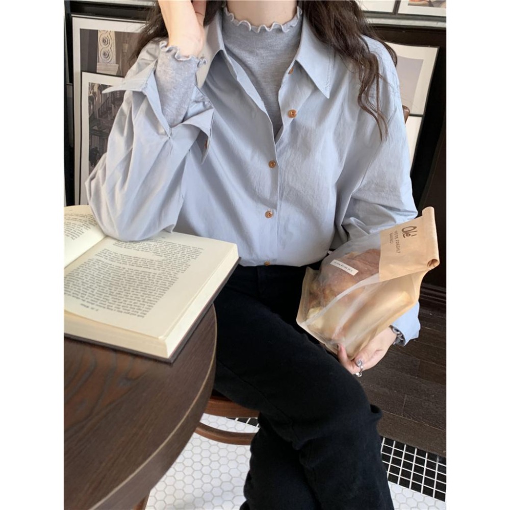 【RENA小舖 台灣現貨每天出】初秋小眾｜氣質垂感長袖襯衫/顯瘦/防曬/百搭/減齡/韓系【R21824】-細節圖5