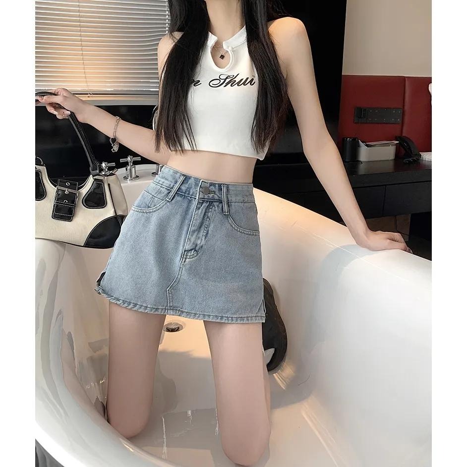 【RENA小舖 台灣現貨每天出】辣妹牛仔半身褲裙 A字裙 裙褲 短裙 包臀裙 百搭 高腰裙 韓系【R21720】-細節圖6