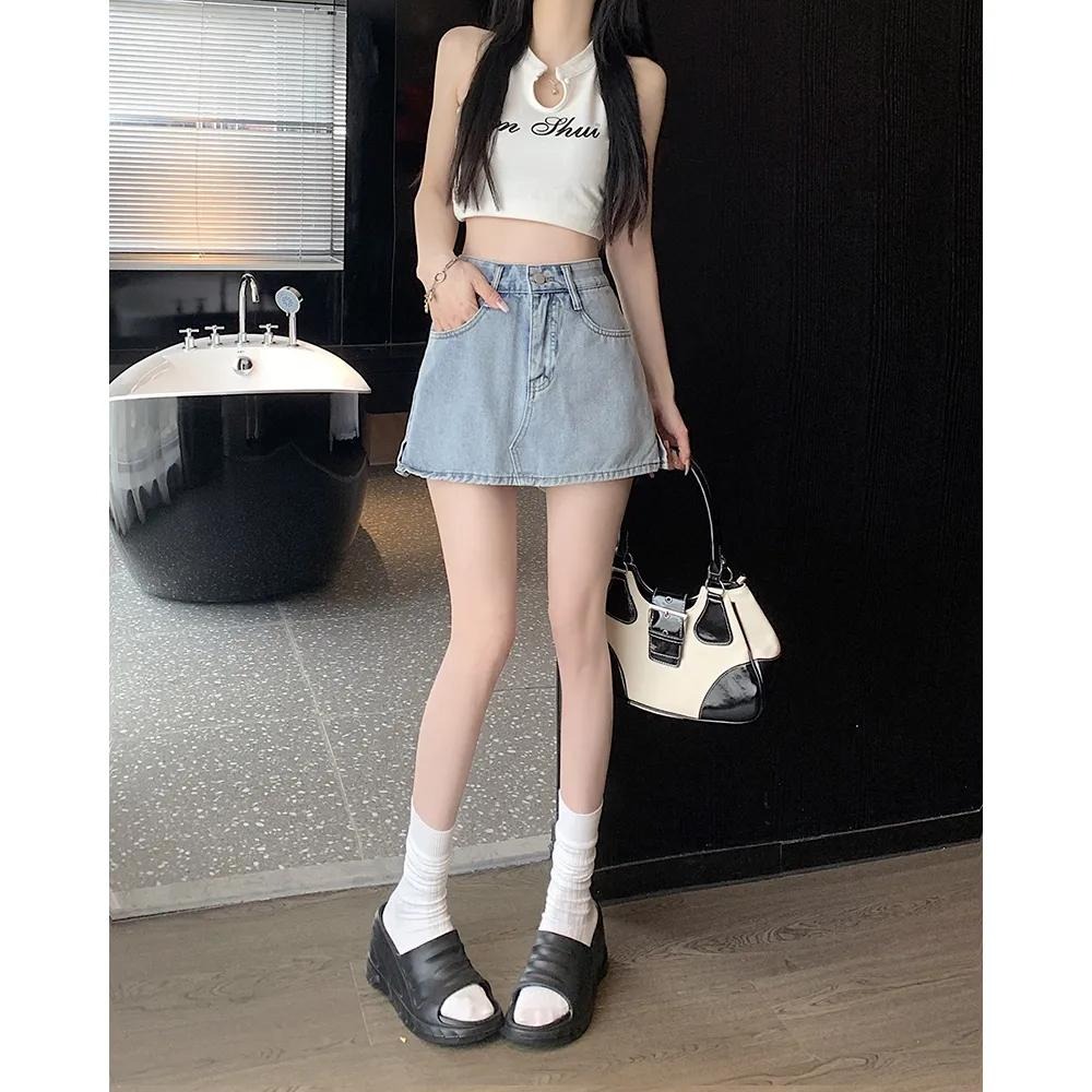 【RENA小舖 台灣現貨每天出】辣妹牛仔半身褲裙 A字裙 裙褲 短裙 包臀裙 百搭 高腰裙 韓系【R21720】-細節圖7