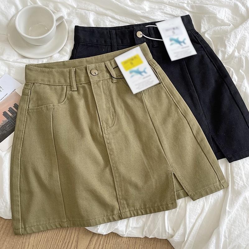 【RENA小舖 台灣現貨每天出】高腰顯瘦A字側開叉牛仔短裙/韓系/OOTD/防走光【R20381】-細節圖2