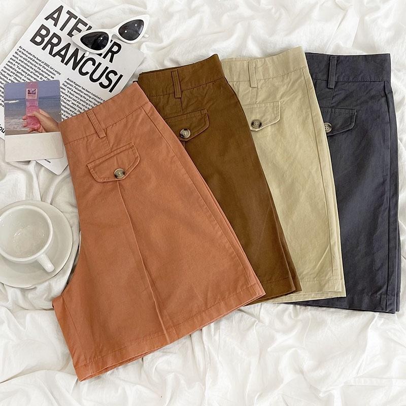 【RENA小舖 台灣現貨每天出】闊腿休閒短褲/顯瘦/高腰/日系/復古/工裝/假口袋【R20177】-細節圖2