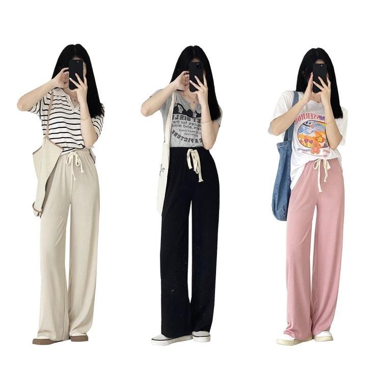 【RENA小舖 台灣現貨每天出】冰絲抽繩休閒長褲/寬鬆/運動/高腰/顯瘦/休閒褲/薄款【R20212】-細節圖2