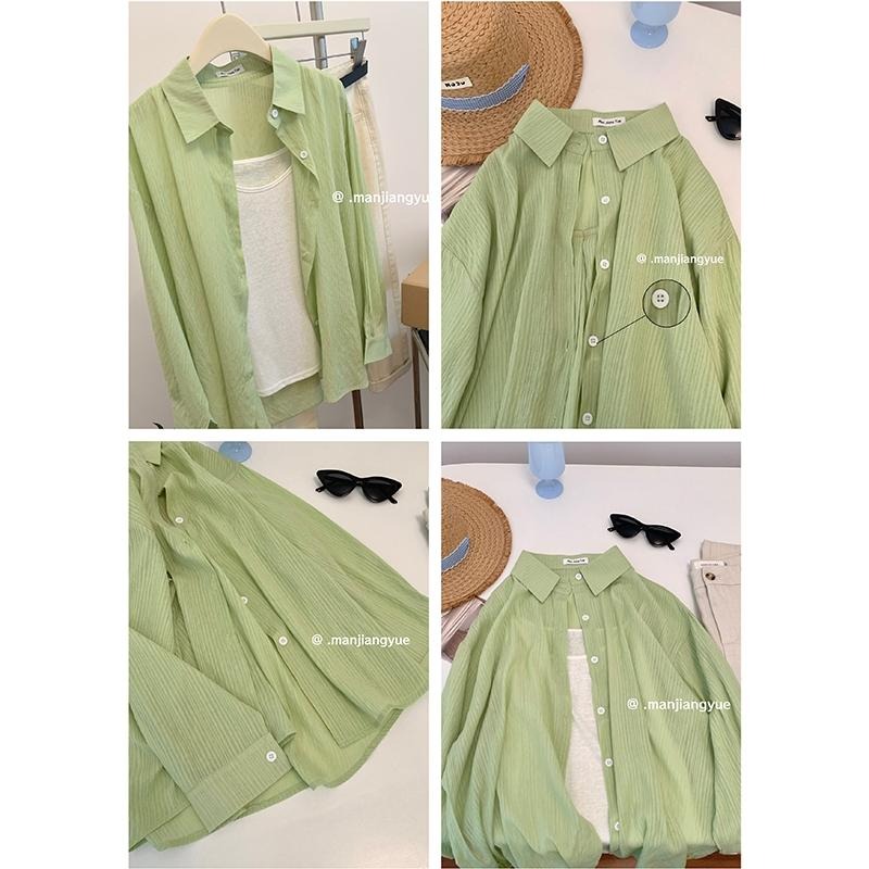 【RENA小舖 台灣現貨每天出】條紋寬鬆長袖百搭襯衫_百搭/韓系/寬鬆/質感/罩衫/防曬/男友襯衫【R21780】-細節圖2