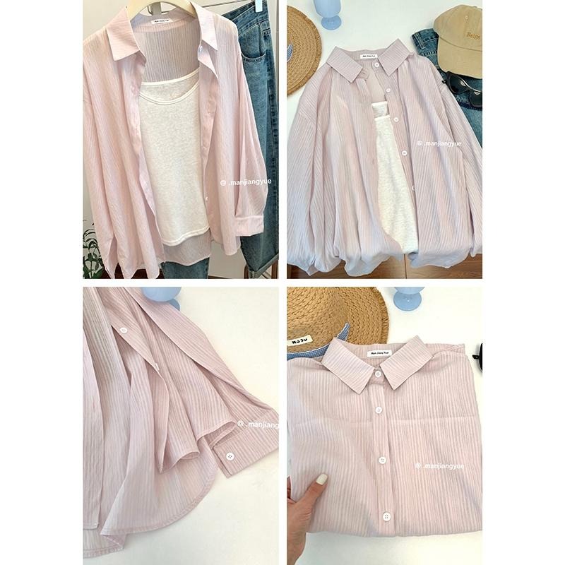 【RENA小舖 台灣現貨每天出】條紋寬鬆長袖百搭襯衫_百搭/韓系/寬鬆/質感/罩衫/防曬/男友襯衫【R21780】-細節圖3