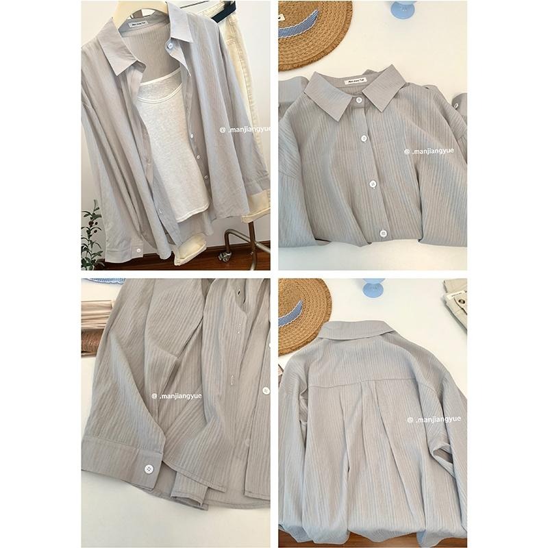 【RENA小舖 台灣現貨每天出】條紋寬鬆長袖百搭襯衫_百搭/韓系/寬鬆/質感/罩衫/防曬/男友襯衫【R21780】-細節圖4