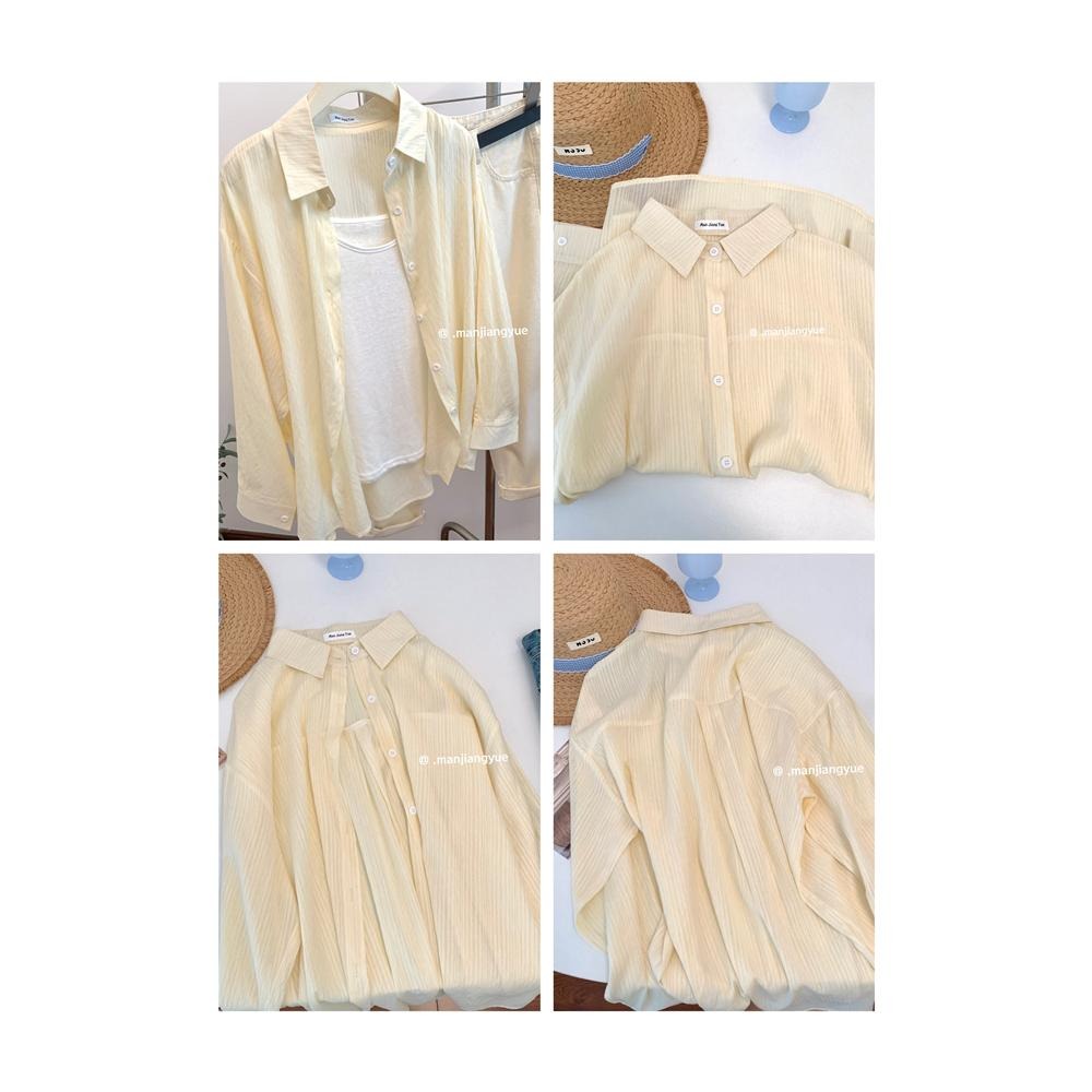 【RENA小舖 台灣現貨每天出】條紋寬鬆長袖百搭襯衫_百搭/韓系/寬鬆/質感/罩衫/防曬/男友襯衫【R21780】-細節圖5