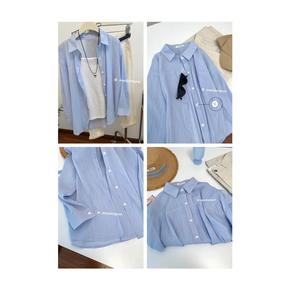 【RENA小舖 台灣現貨每天出】條紋寬鬆長袖百搭襯衫_百搭/韓系/寬鬆/質感/罩衫/防曬/男友襯衫【R21780】-細節圖7