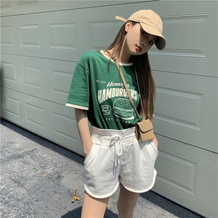 【RENA小舖 台灣現貨每天出】咬一個大漢堡🍔｜撞色卡通短袖T恤_圓領/夏日/顯瘦/百搭/T恤/短袖【R18343】-細節圖4