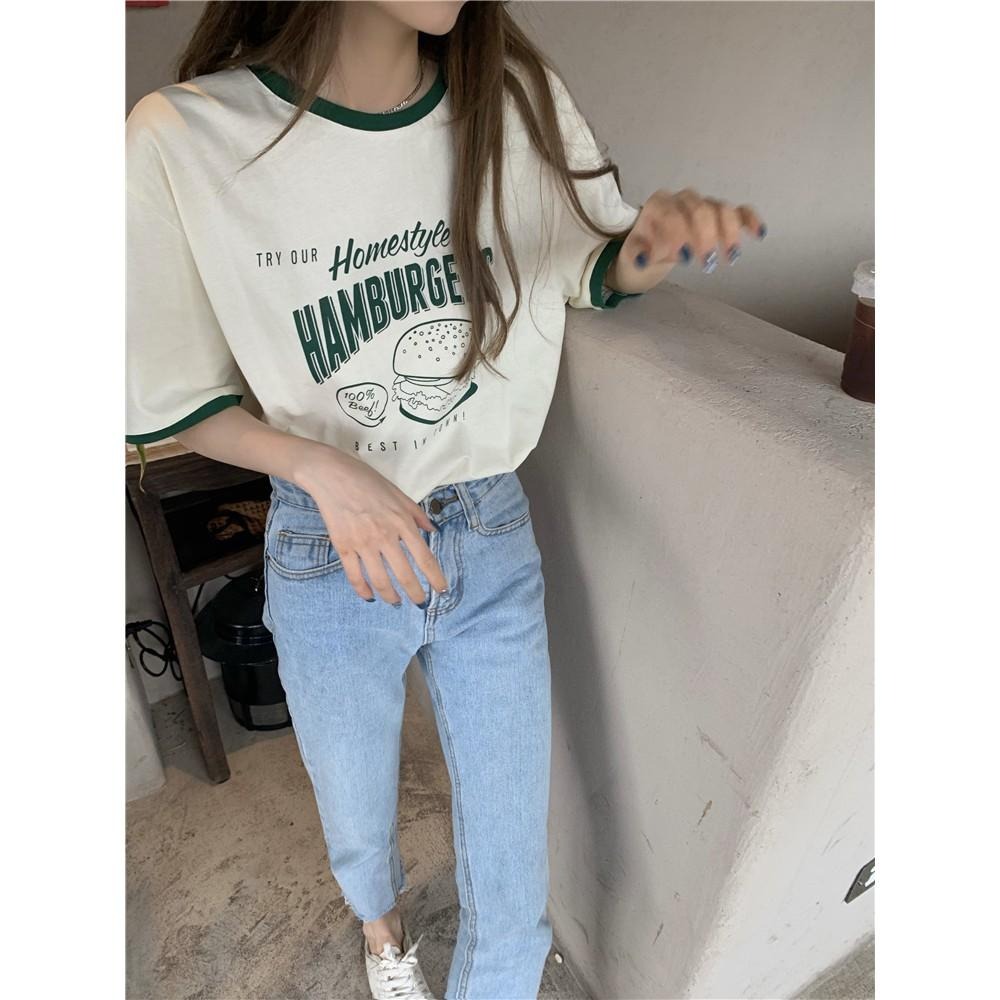 【RENA小舖 台灣現貨每天出】咬一個大漢堡🍔｜撞色卡通短袖T恤_圓領/夏日/顯瘦/百搭/T恤/短袖【R18343】-細節圖8