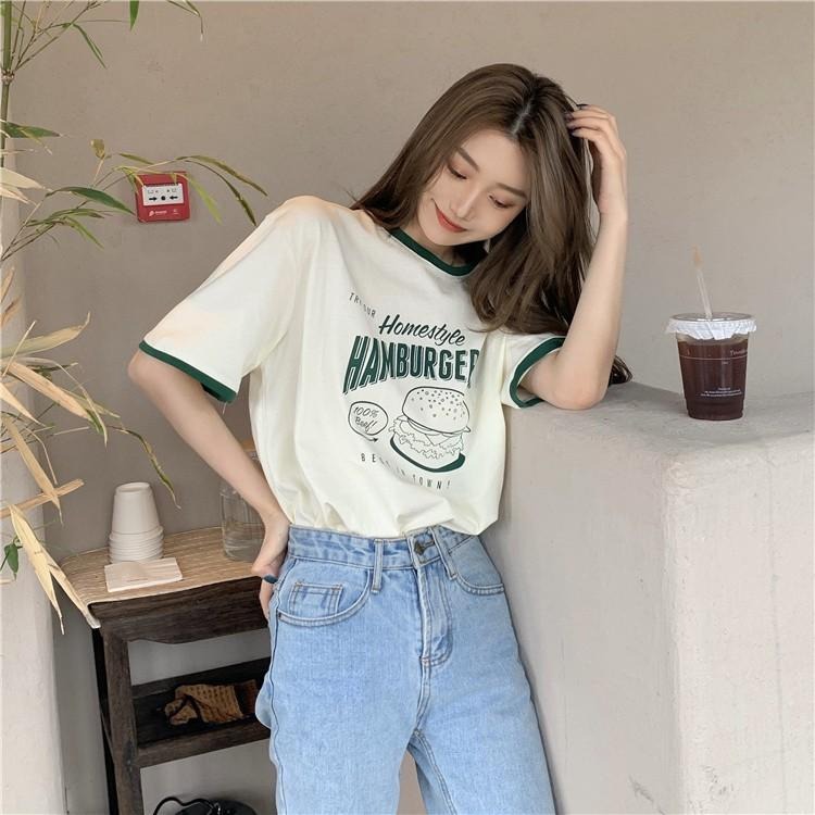 【RENA小舖 台灣現貨每天出】咬一個大漢堡🍔｜撞色卡通短袖T恤_圓領/夏日/顯瘦/百搭/T恤/短袖【R18343】-細節圖9