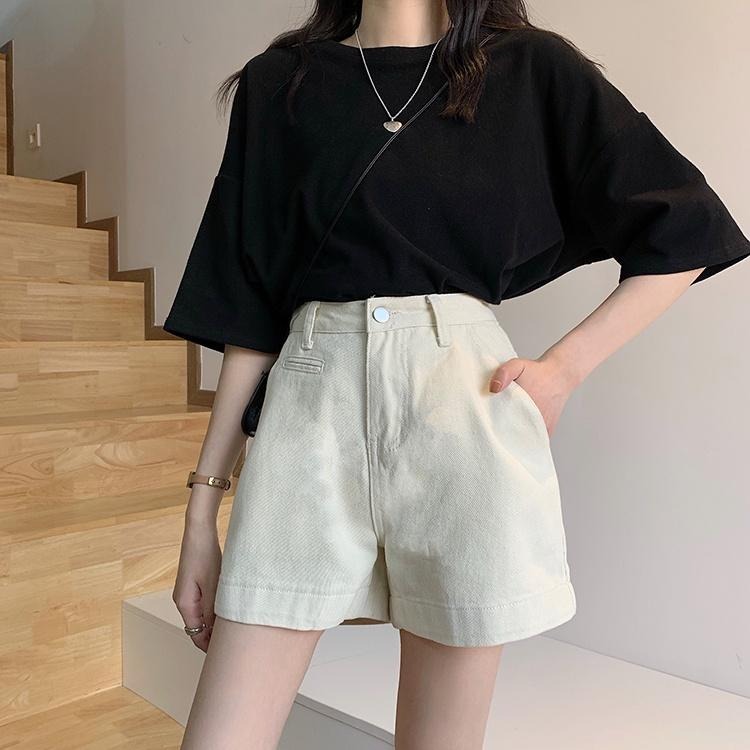 【RENA小舖 台灣現貨每天出】舒適好穿高腰顯瘦牛仔短褲_短褲/牛仔/顯瘦/ins/純色/高腰/復古【R20103】-細節圖4