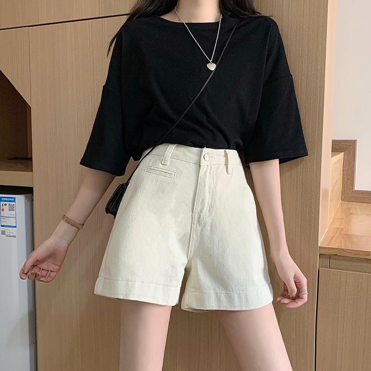 【RENA小舖 台灣現貨每天出】舒適好穿高腰顯瘦牛仔短褲_短褲/牛仔/顯瘦/ins/純色/高腰/復古【R20103】-細節圖6