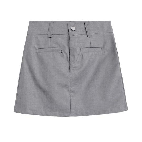 【RENA小舖 台灣現貨每天出】質感灰色高腰顯瘦短裙_春季/微彈性/顯瘦/修身/短裙/遮胯/包臀裙【R21434】-細節圖3