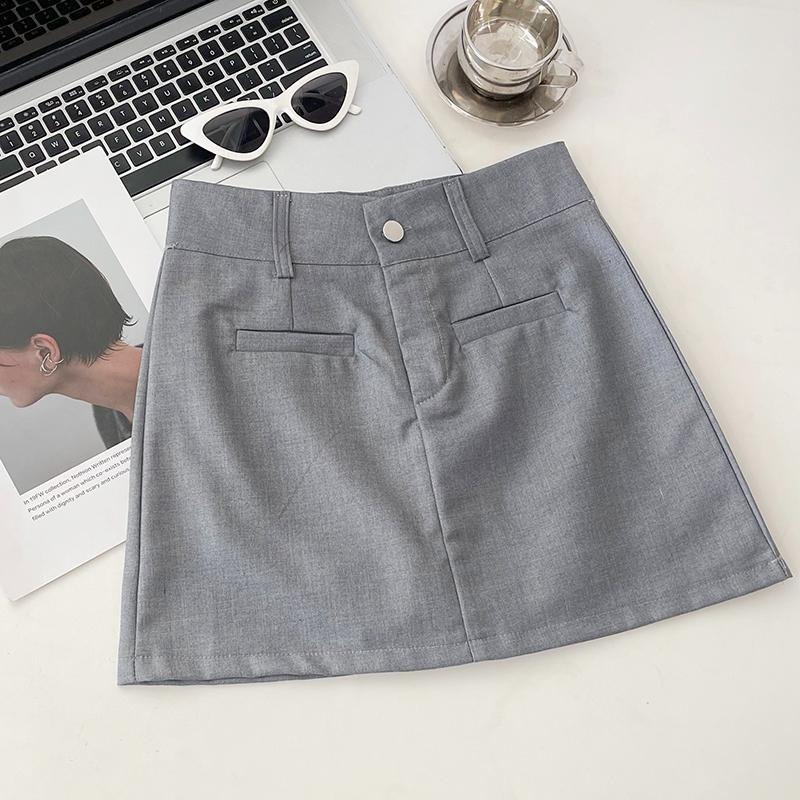 【RENA小舖 台灣現貨每天出】質感灰色高腰顯瘦短裙_春季/微彈性/顯瘦/修身/短裙/遮胯/包臀裙【R21434】-細節圖4