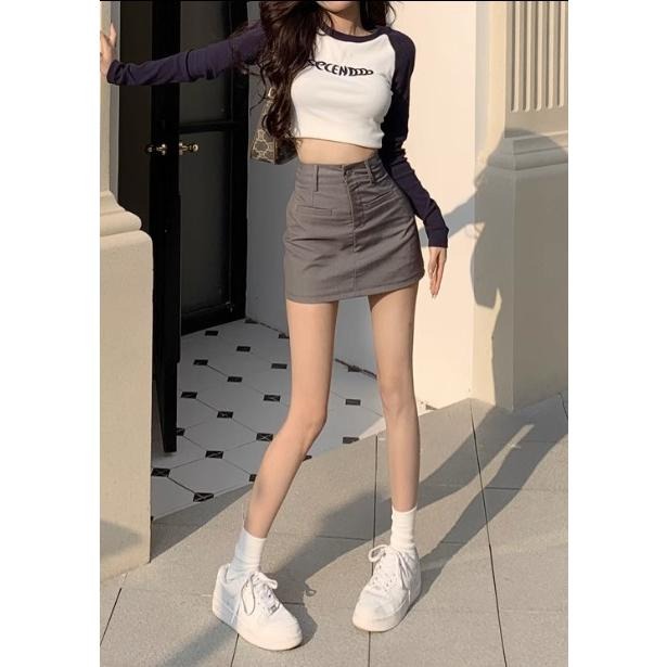 【RENA小舖 台灣現貨每天出】質感灰色高腰顯瘦短裙_春季/微彈性/顯瘦/修身/短裙/遮胯/包臀裙【R21434】-細節圖5