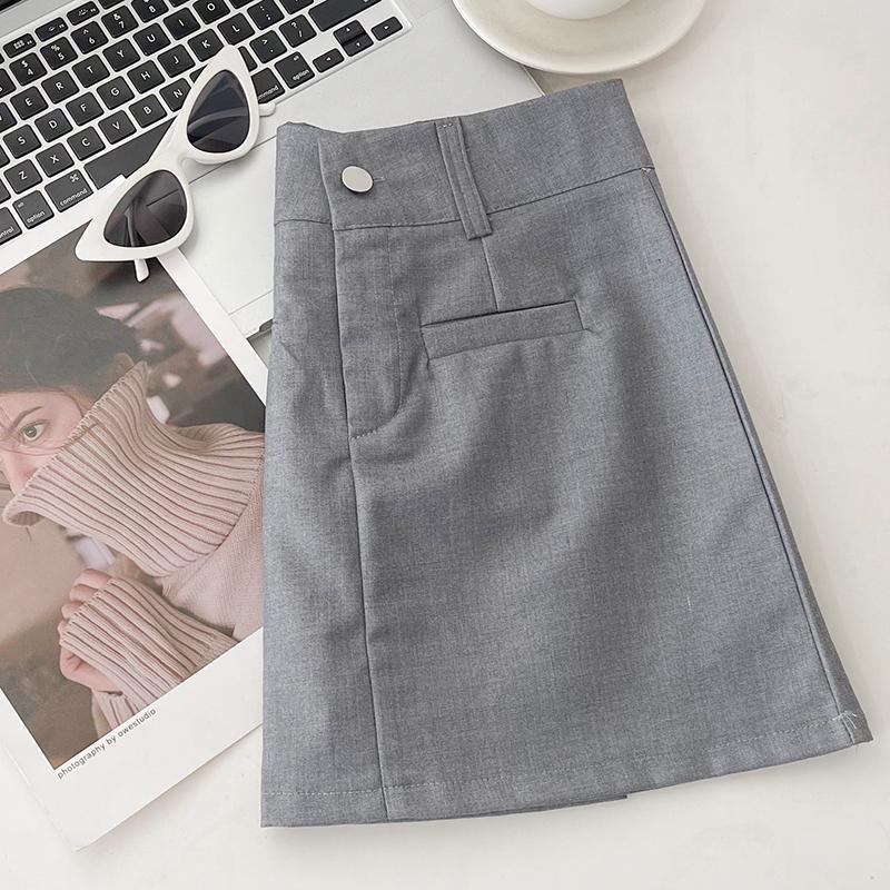 【RENA小舖 台灣現貨每天出】質感灰色高腰顯瘦短裙_春季/微彈性/顯瘦/修身/短裙/遮胯/包臀裙【R21434】-細節圖7