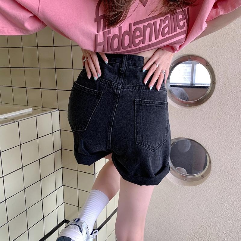 【RENA小舖 台灣現貨每天出】百搭高腰捲邊牛仔短褲/直筒/寬鬆/復古/牛仔褲【R21710】-細節圖2