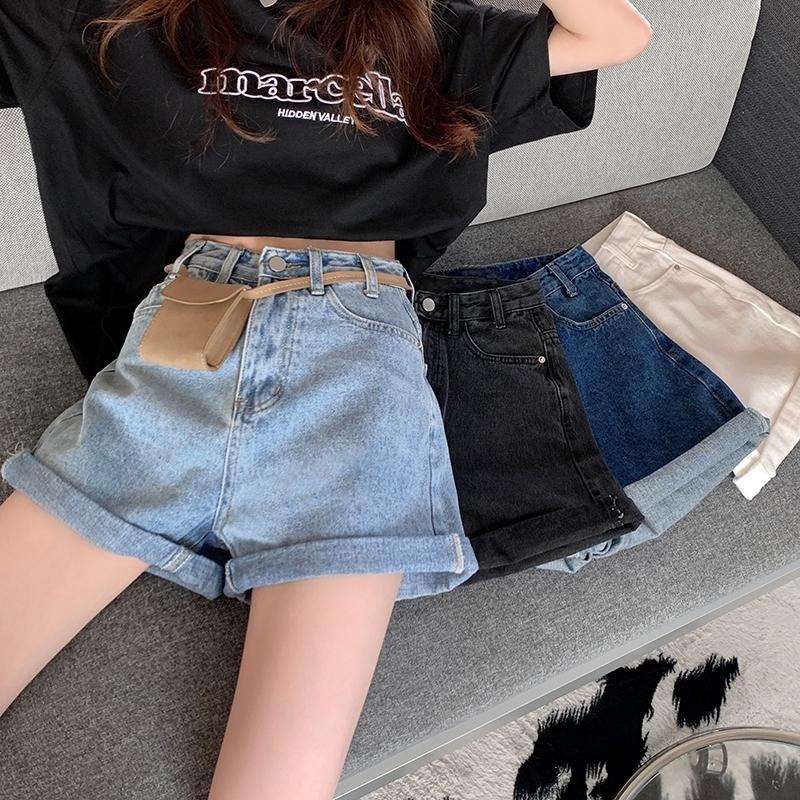 【RENA小舖 台灣現貨每天出】百搭高腰捲邊牛仔短褲/直筒/寬鬆/復古/牛仔褲【R21710】-細節圖3