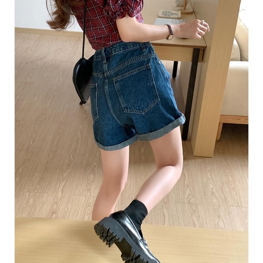 【RENA小舖 台灣現貨每天出】百搭高腰捲邊牛仔短褲/直筒/寬鬆/復古/牛仔褲【R21710】-細節圖7