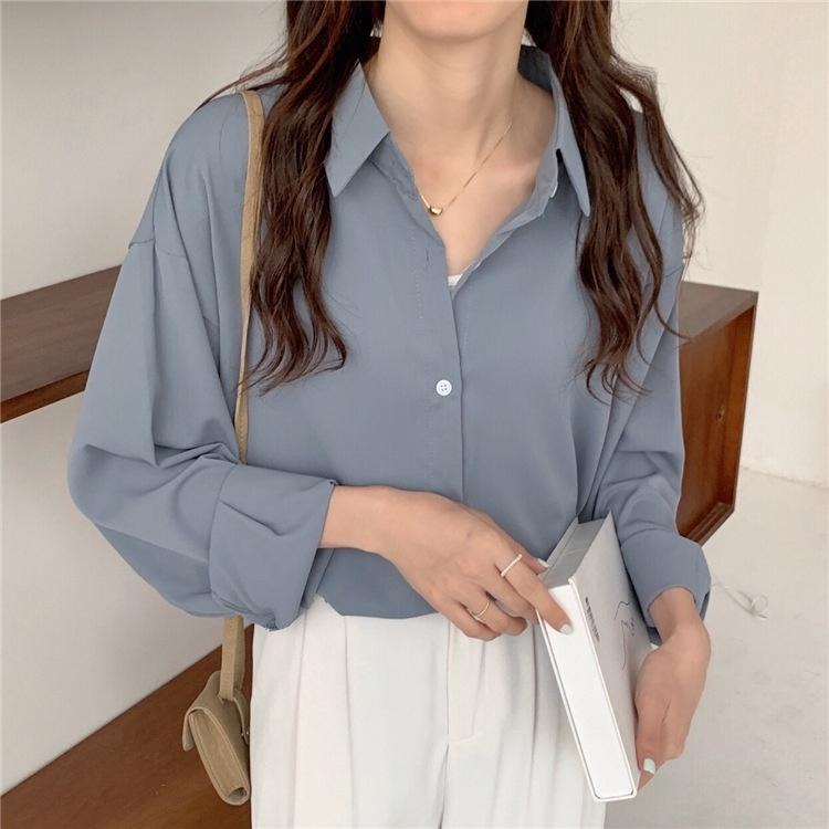 【RENA小舖 台灣現貨每天出】可鹹可甜girl  純色長袖襯衫_翻領/顯瘦/襯衫/襯衣/長袖上衣【R21082】-細節圖2