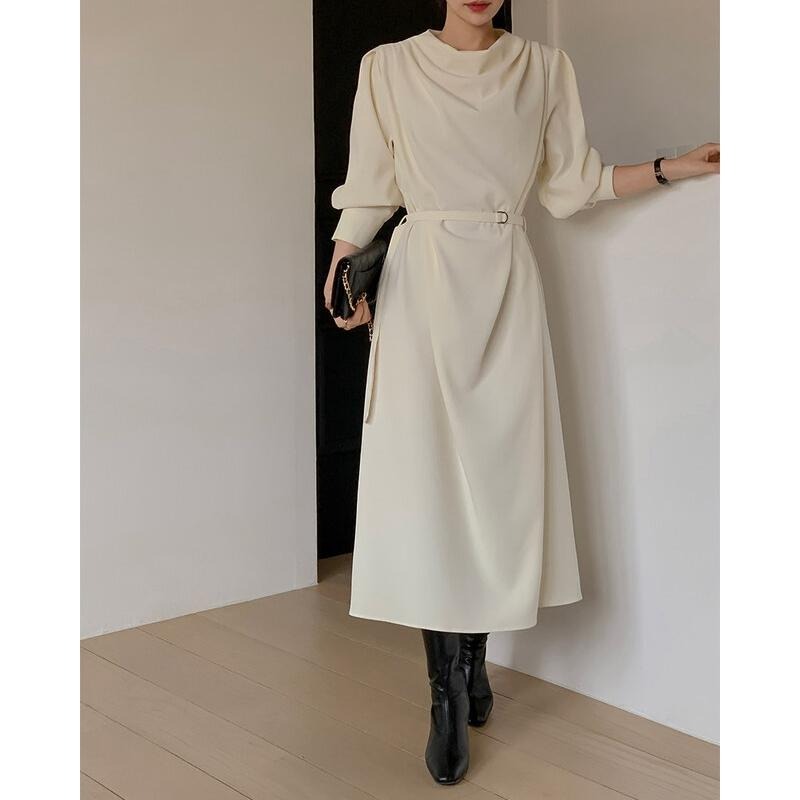 【RENA小舖 台灣現貨每天出】氣質姐姐!法式慵懶設計款不規則綁帶洋裝/連身裙/休閒/長洋裝【R22061】-細節圖3